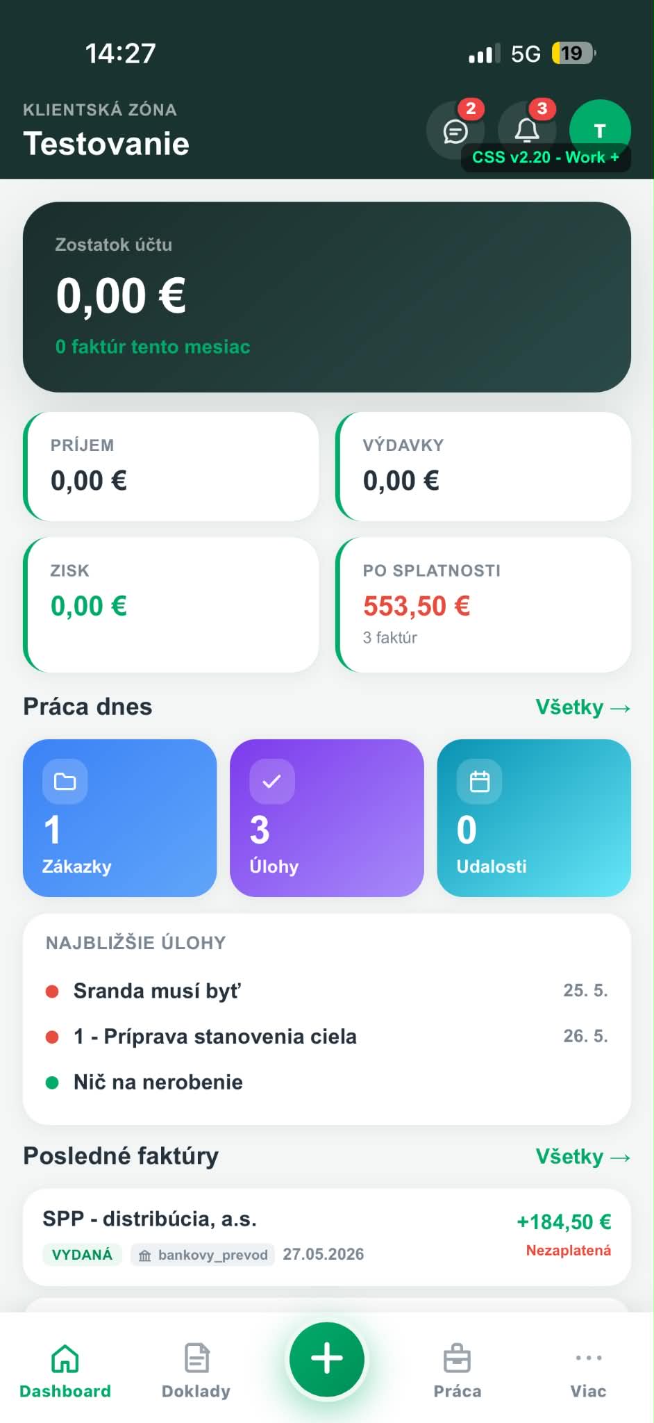 Účtoria mobilná aplikácia, dashboard
