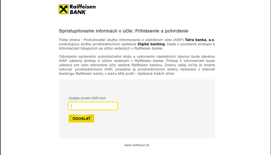 Raiffeisen overenie SMS kódom