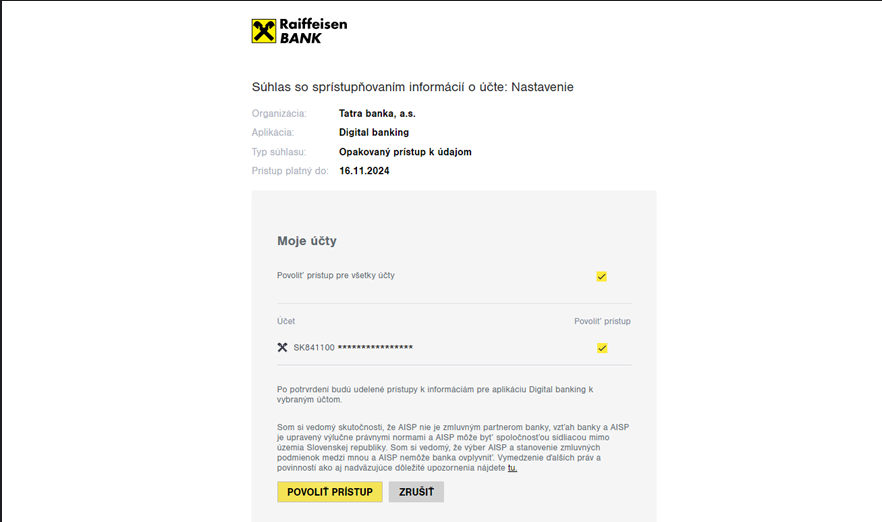 Raiffeisen súhlas a povolenie prístupu